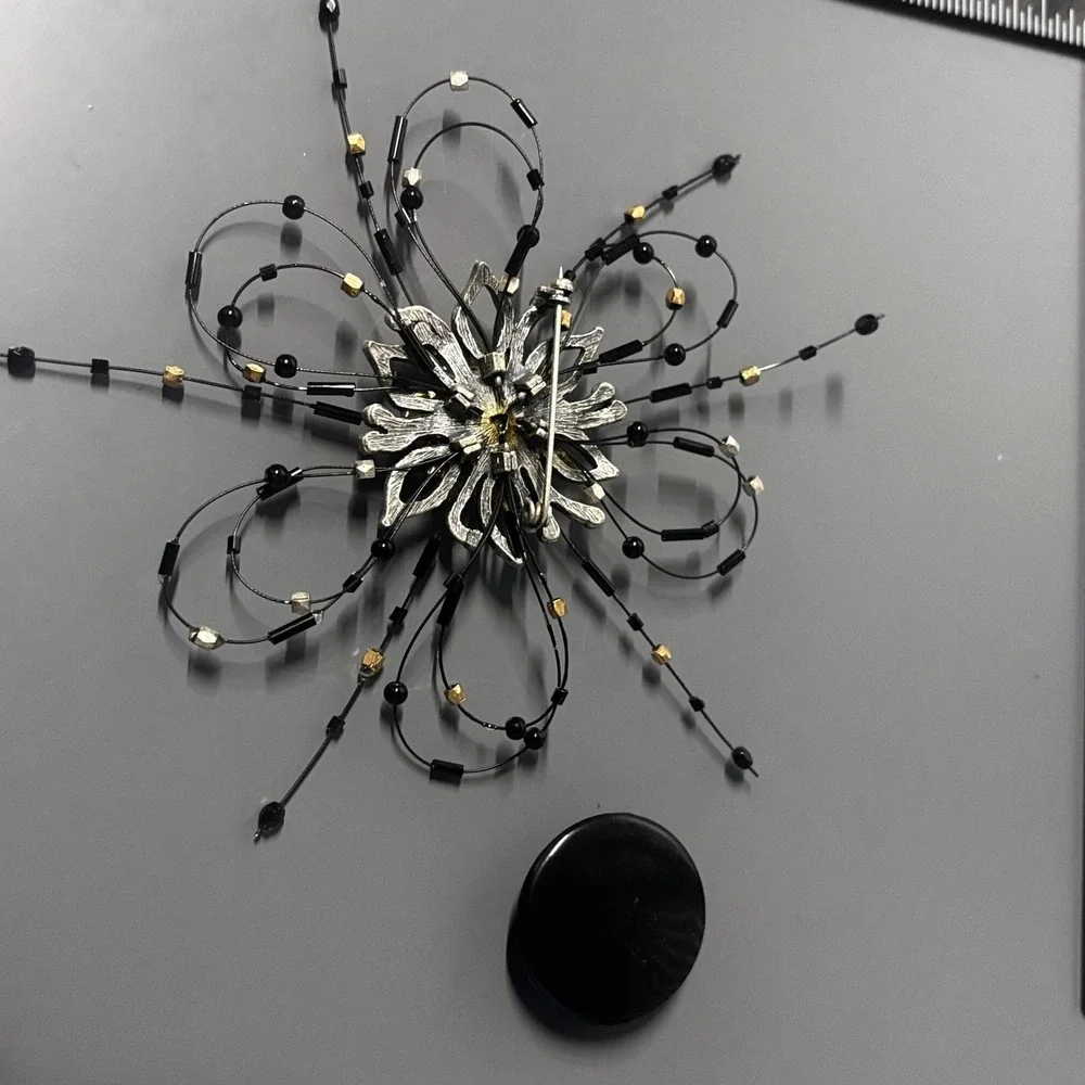 Large‎ Statement Flower Starburst Brooch Pin Black Rhinestone Beaded Silver Tone